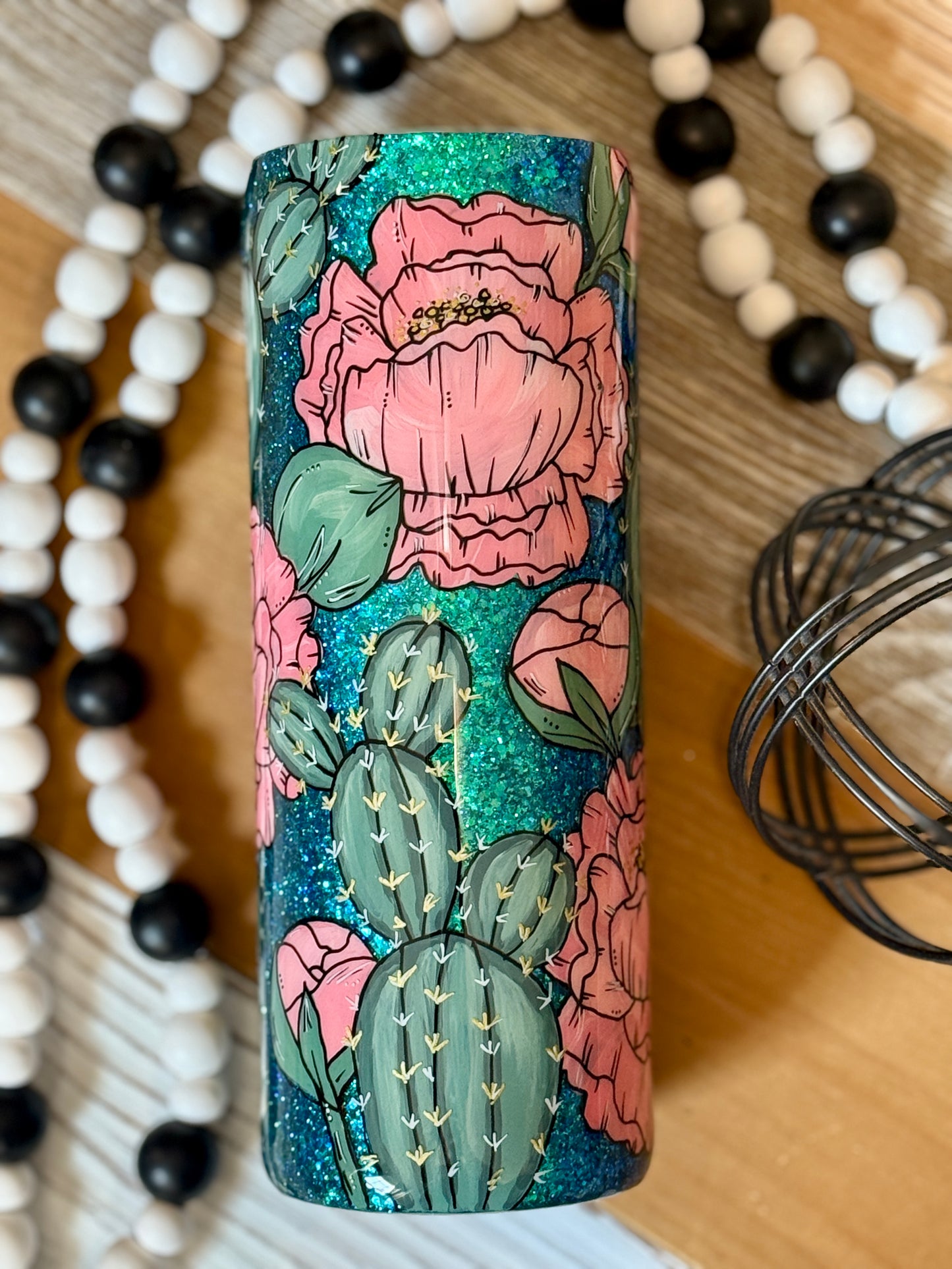 Hand-painted peony and cactus tumbler