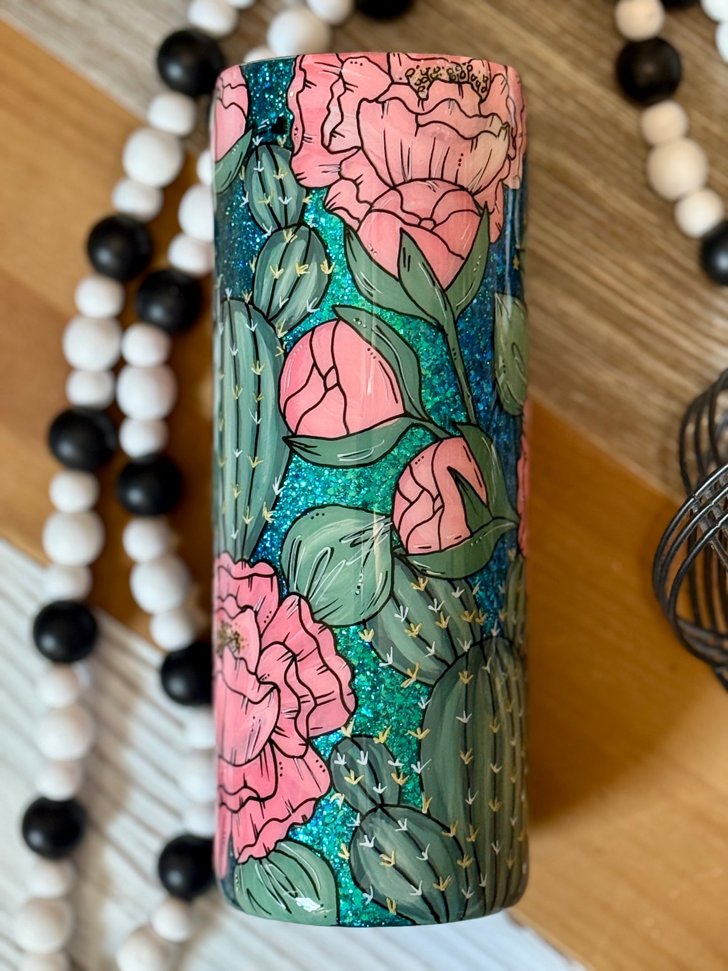 Hand-painted peony and cactus tumbler