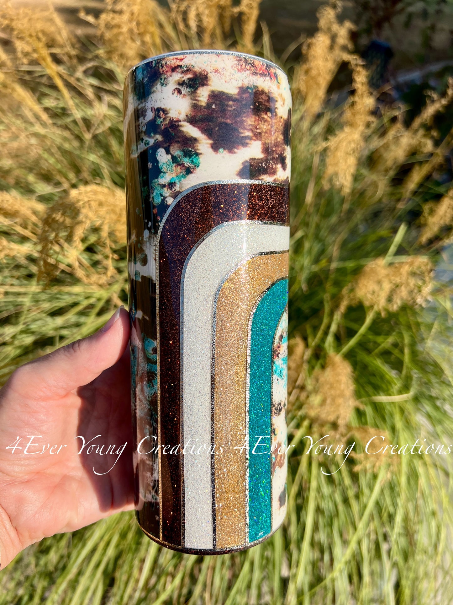 Retro glitter and cowprint tumbler