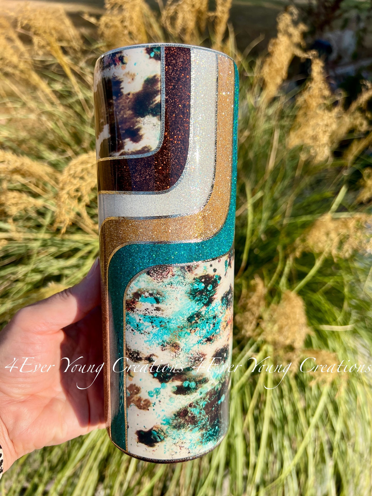 Retro glitter and cowprint tumbler