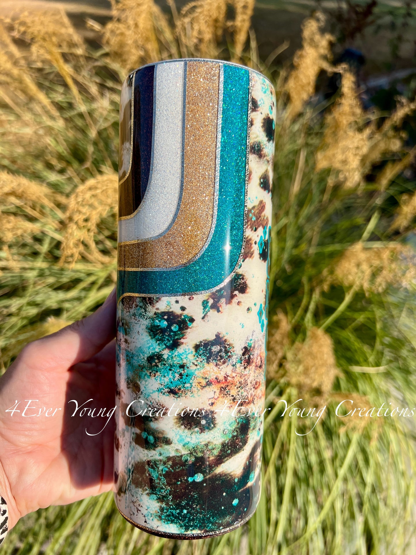 Retro glitter and cowprint tumbler
