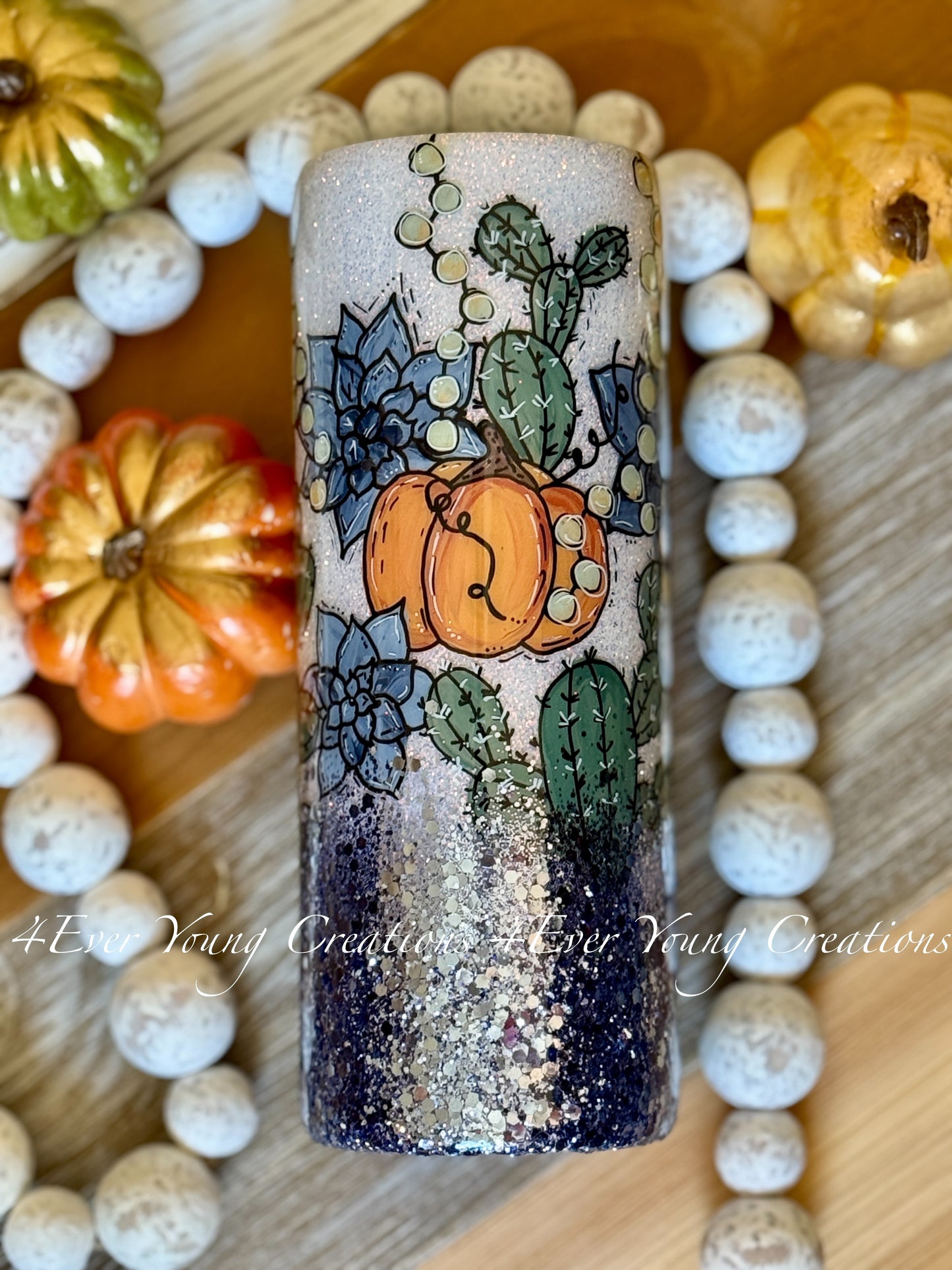 Hand-painted pumpkin and cactus/succulent tumbler