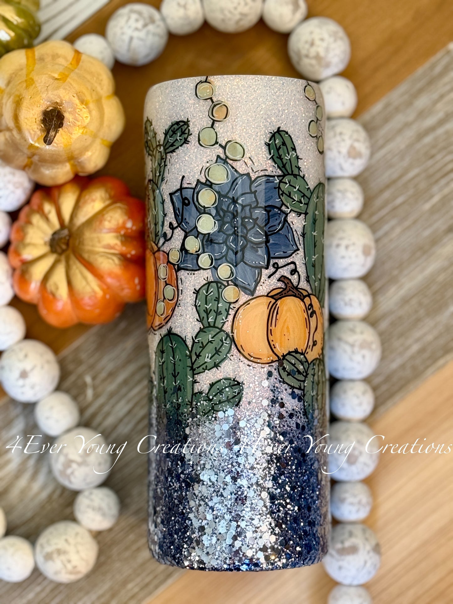 Hand-painted pumpkin and cactus/succulent tumbler