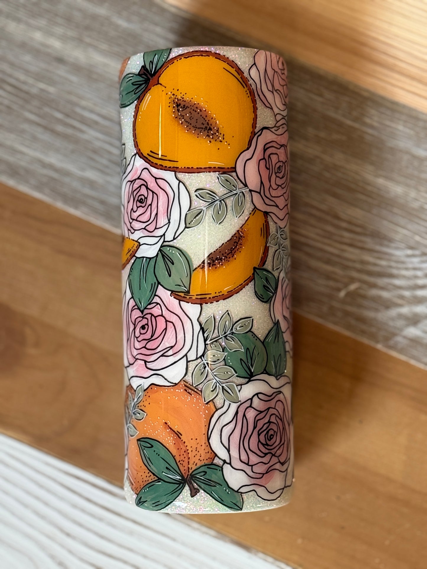 Hand-painted peach and rose glitter tumbler