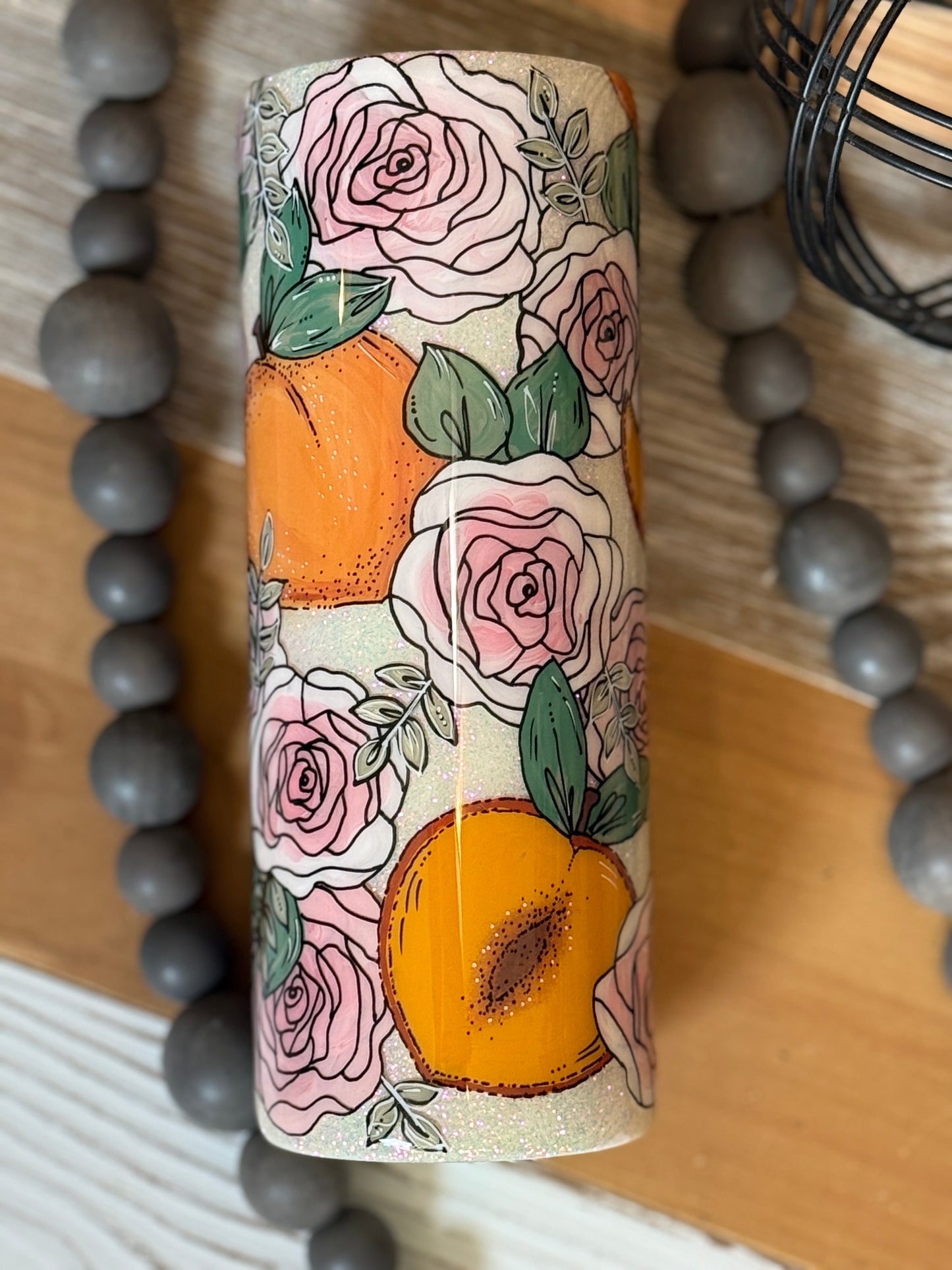 Hand-painted peach and rose glitter tumbler