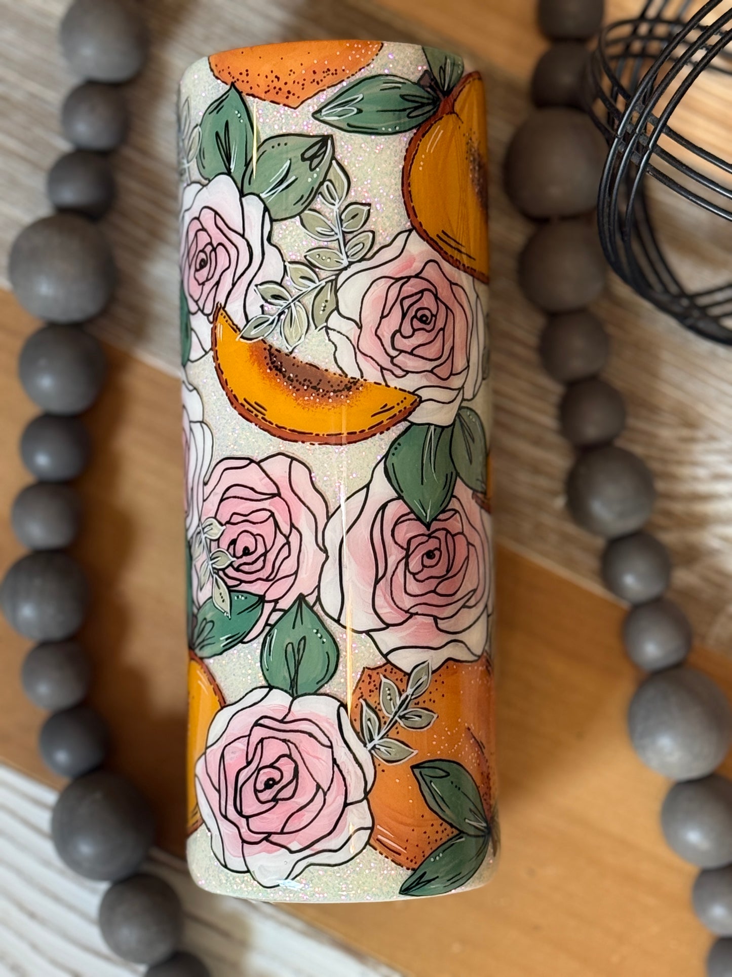 Hand-painted peach and rose glitter tumbler