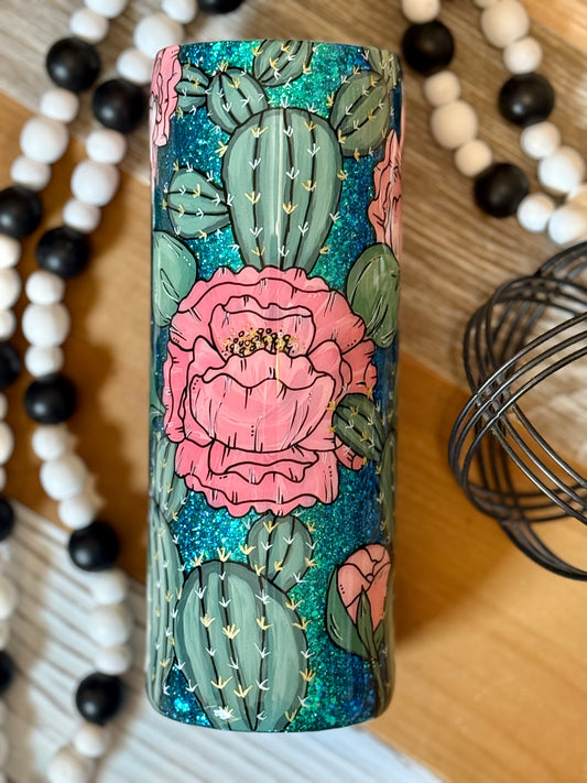 Hand-painted peony and cactus tumbler