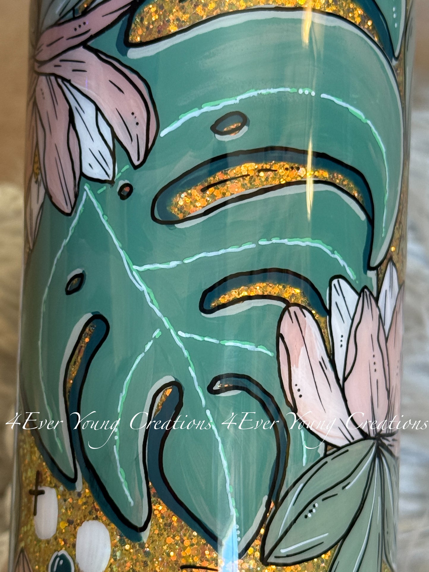 Hand-painted Magnolia and Monstera tumbler