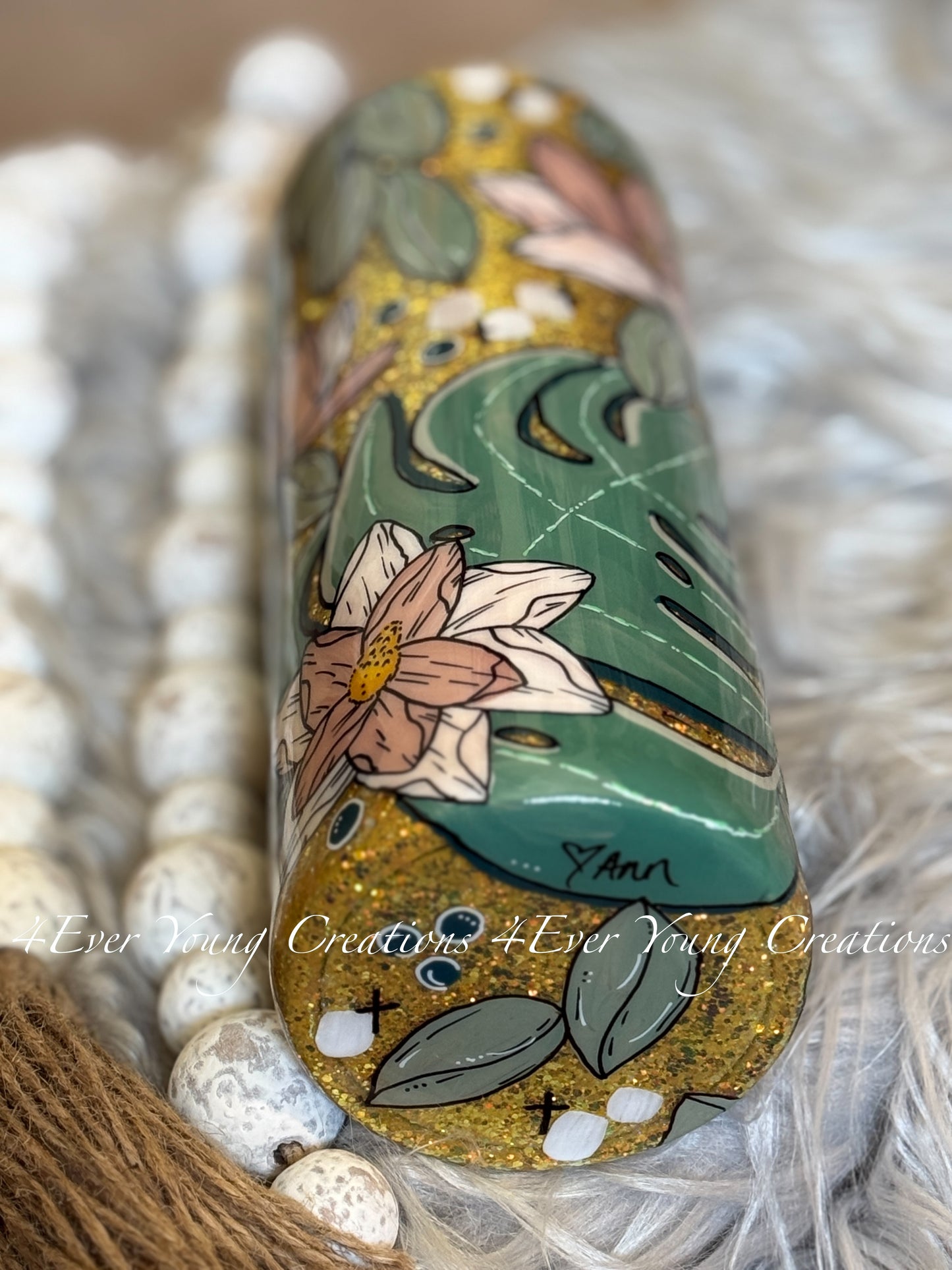 Hand-painted Magnolia and Monstera tumbler