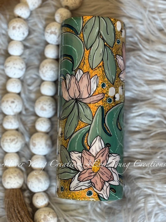 Hand-painted Magnolia and Monstera tumbler