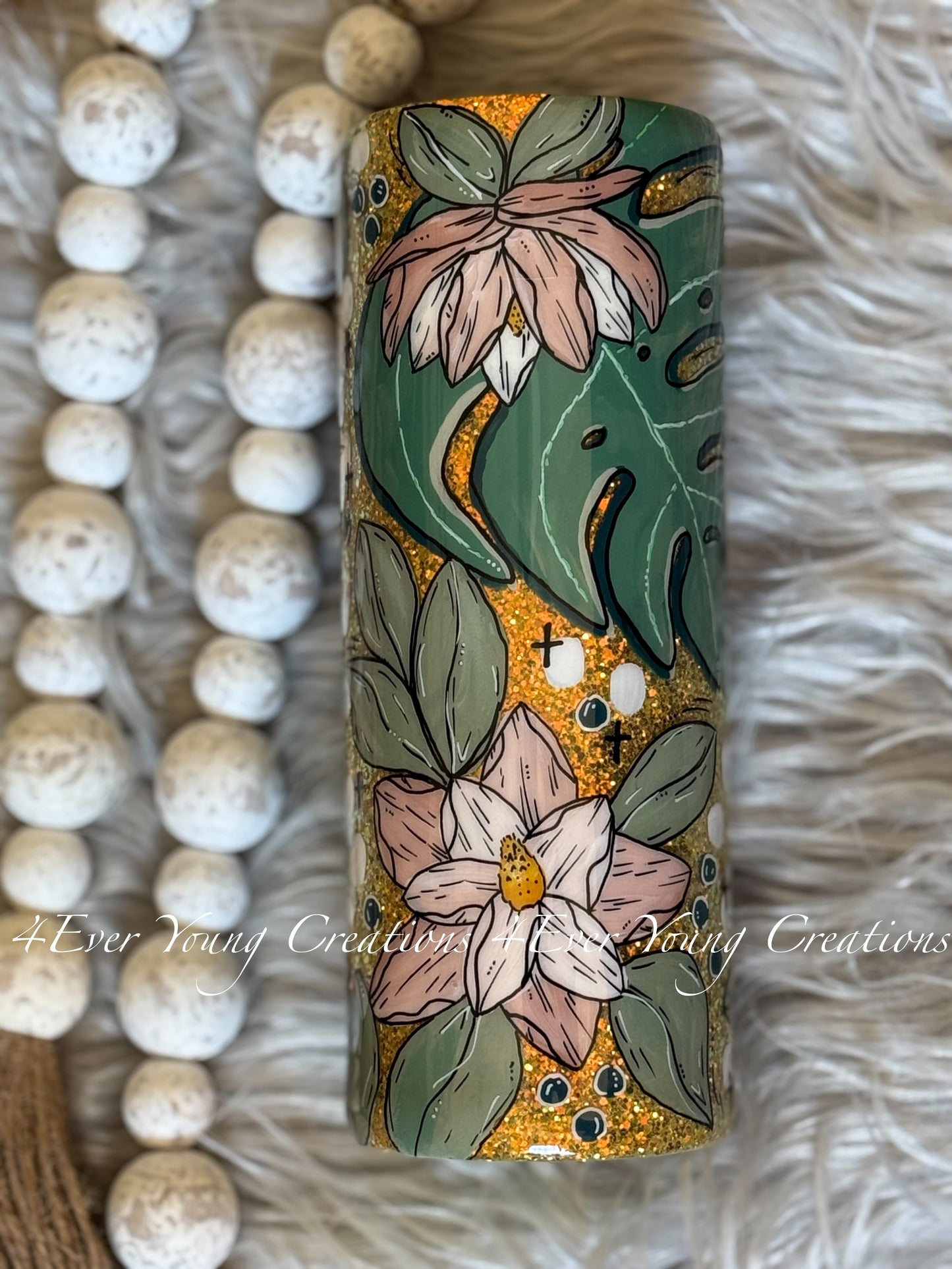 Hand-painted Magnolia and Monstera tumbler