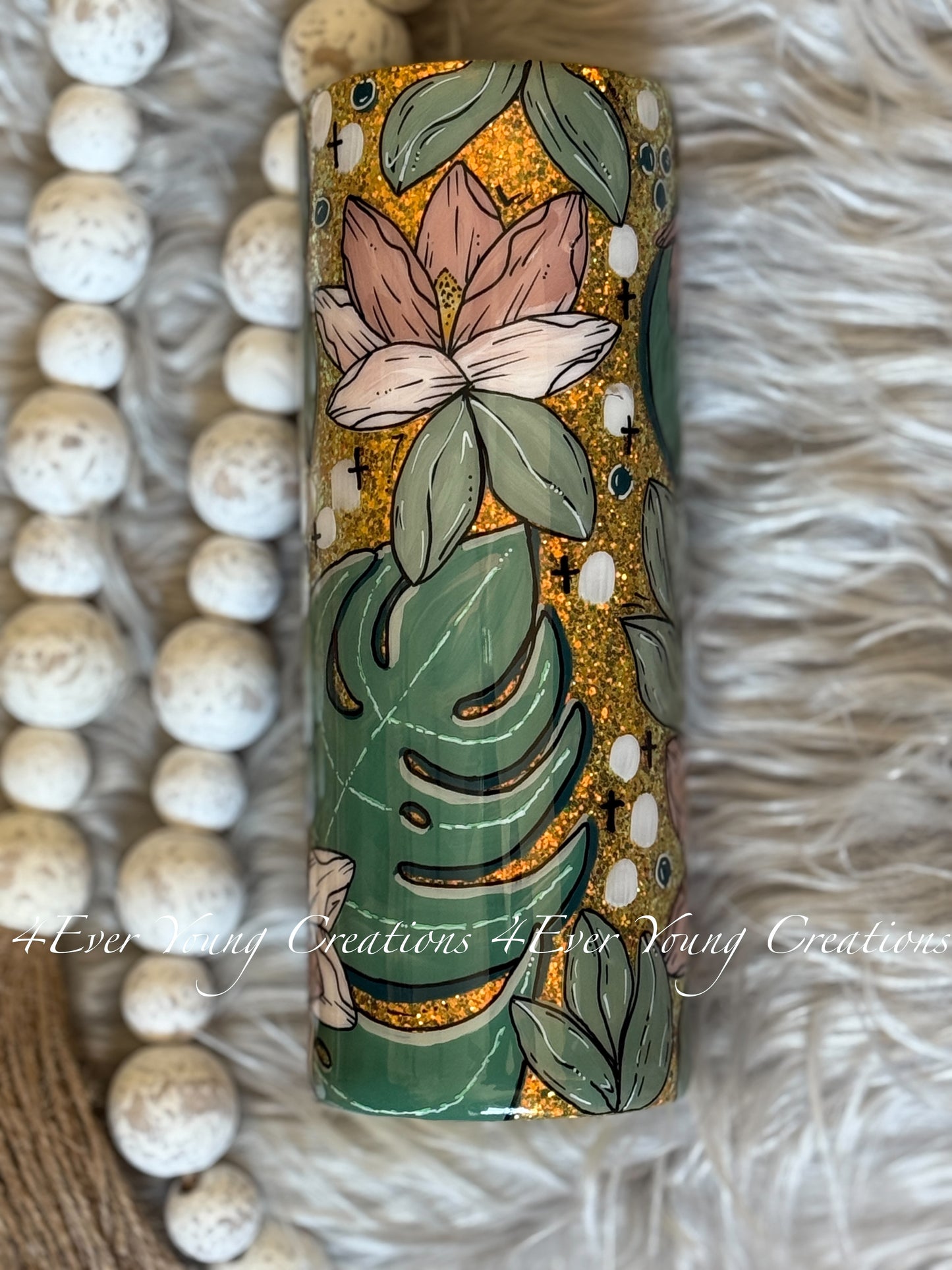 Hand-painted Magnolia and Monstera tumbler