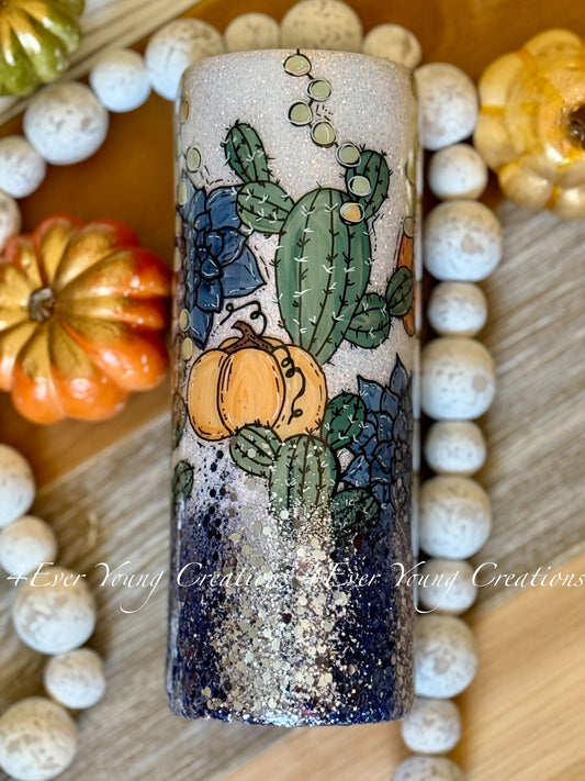 Hand-painted pumpkin and cactus/succulent tumbler