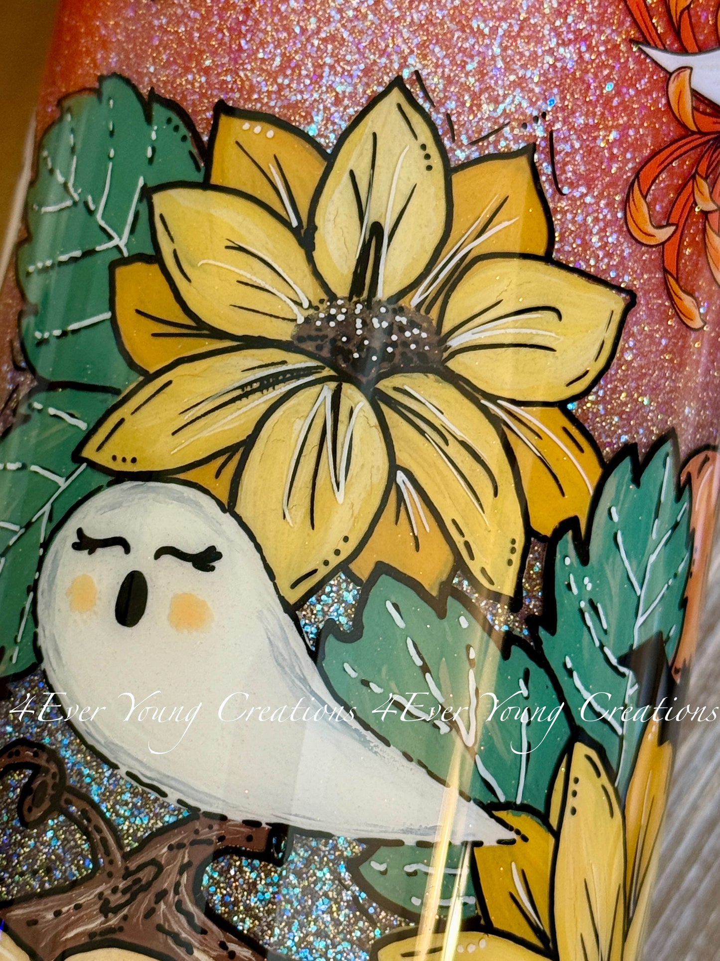 Hand-painted pumpkin, sunflower and ghost tumbler