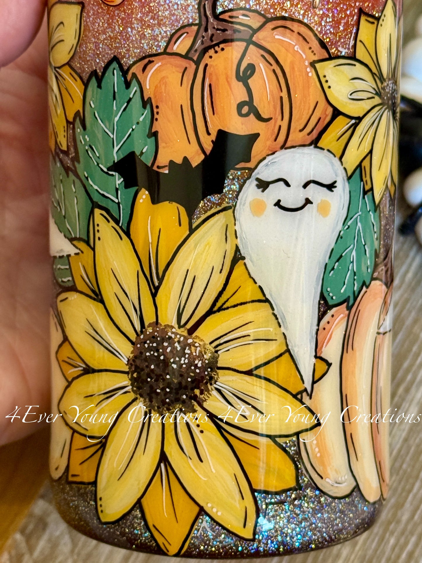 Hand-painted pumpkin, sunflower and ghost tumbler