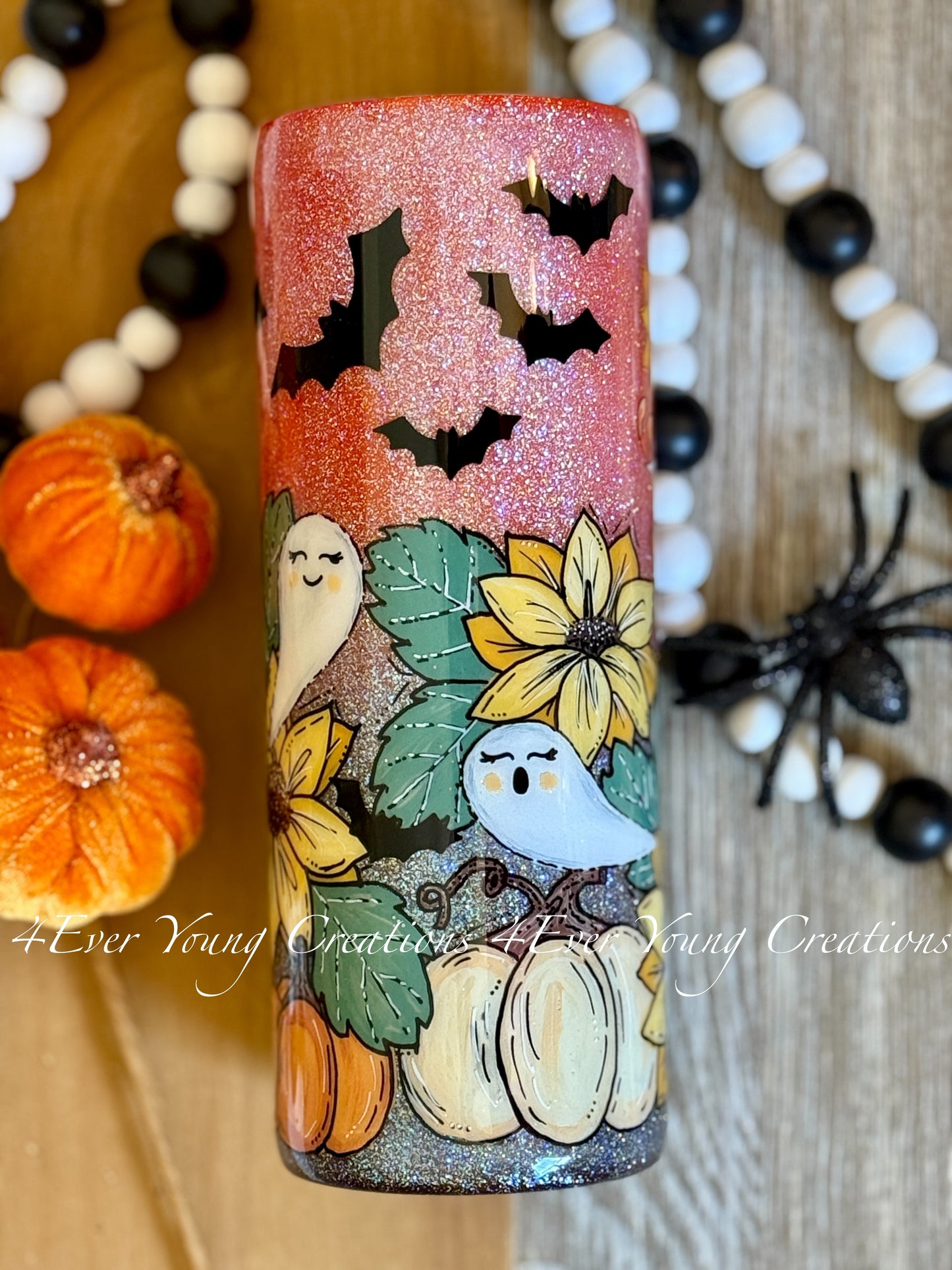 Hand-painted pumpkin, sunflower and ghost tumbler