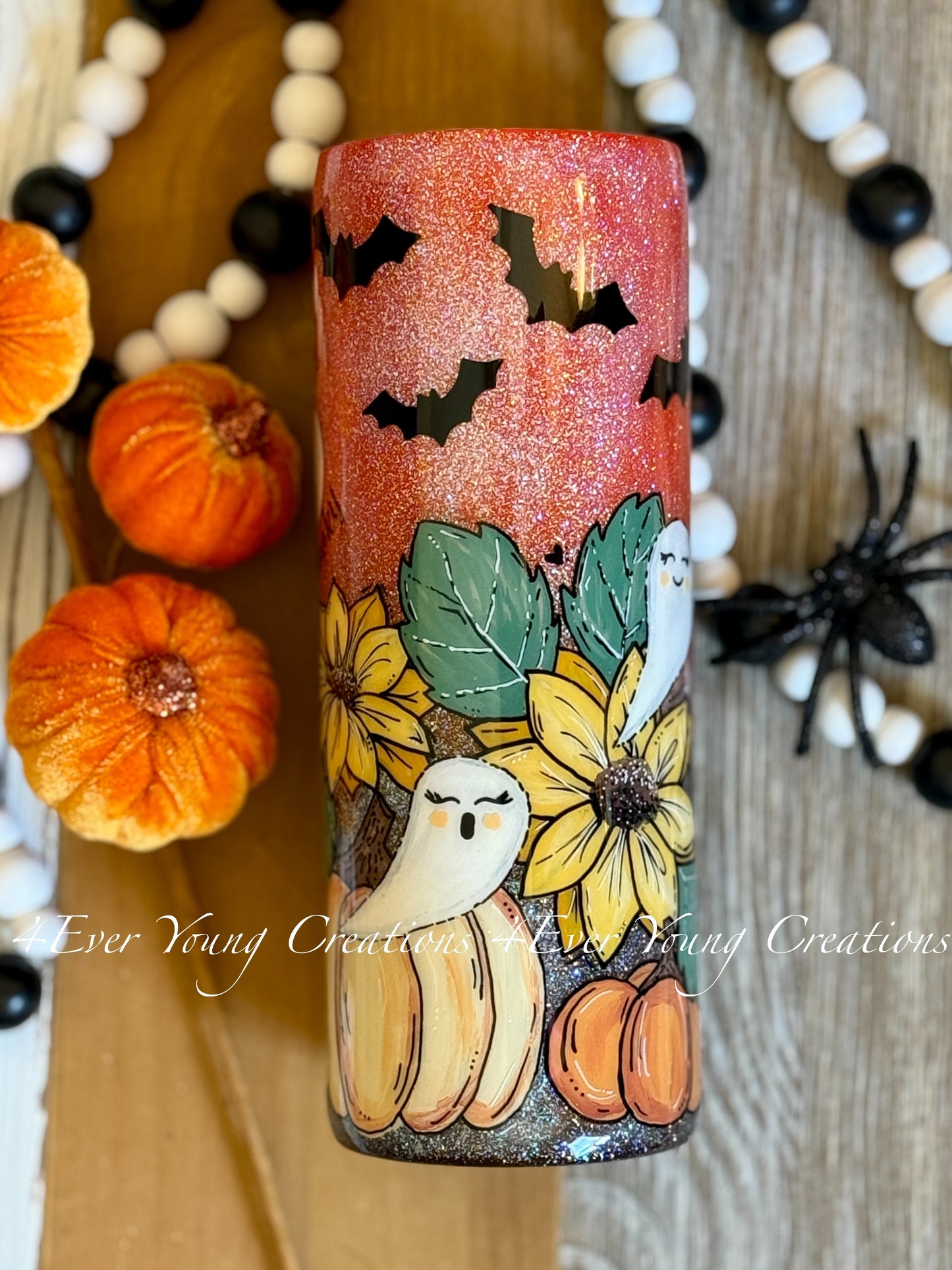 Hand-painted pumpkin, sunflower and ghost tumbler