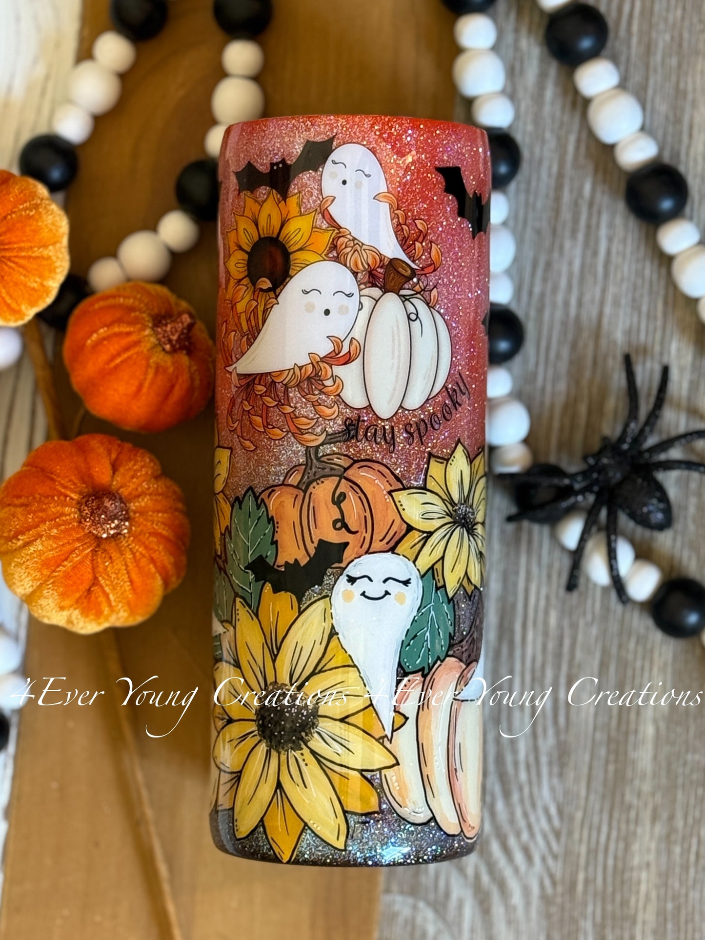 Hand-painted pumpkin, sunflower and ghost tumbler