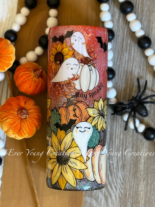 Hand-painted pumpkin, sunflower and ghost tumbler